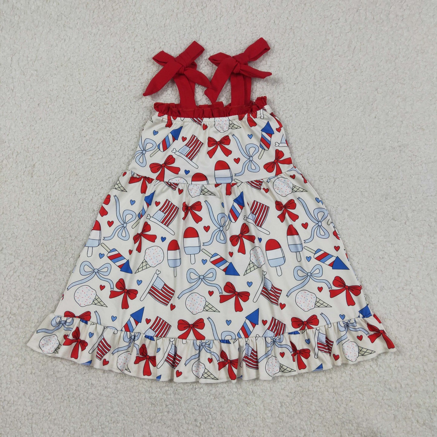 GSD3723 RTS NO MOQ （In stock ）Straps popsicle bow flag girls ruffle 4th of july dresses