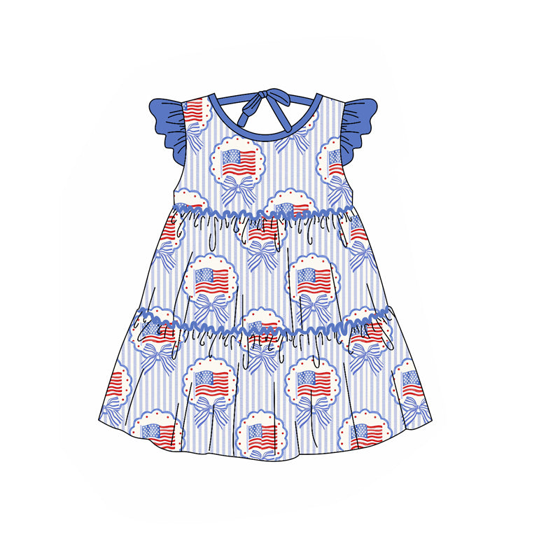 1.26 GSD3724 Pre order No Moq Baby Girls Blue Stripe Bows Flags 4th of July Patchwork Knee Length Dresses