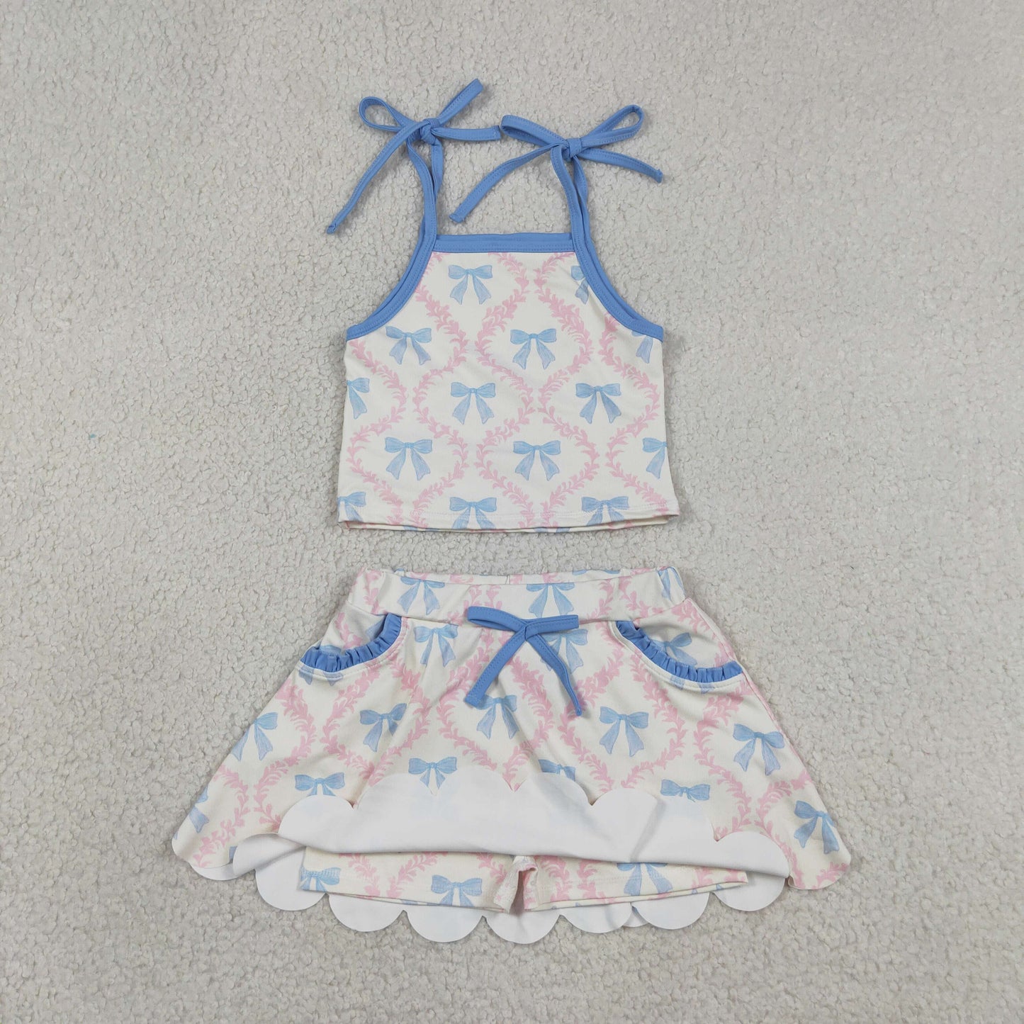 GSD3727 RTS NO MOQ （In stock）Light blue straps bow top skirt kids girls active outfits