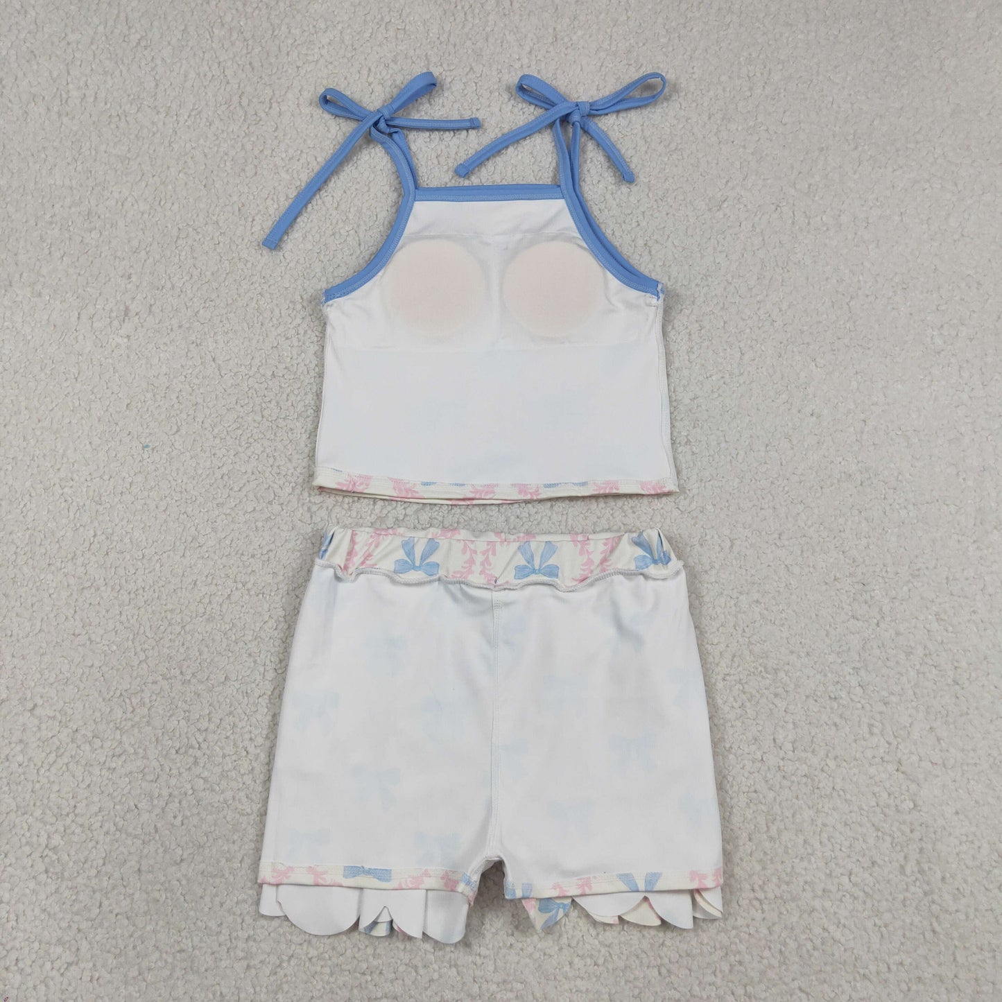 GSD3727 RTS NO MOQ （In stock）Light blue straps bow top skirt kids girls active outfits