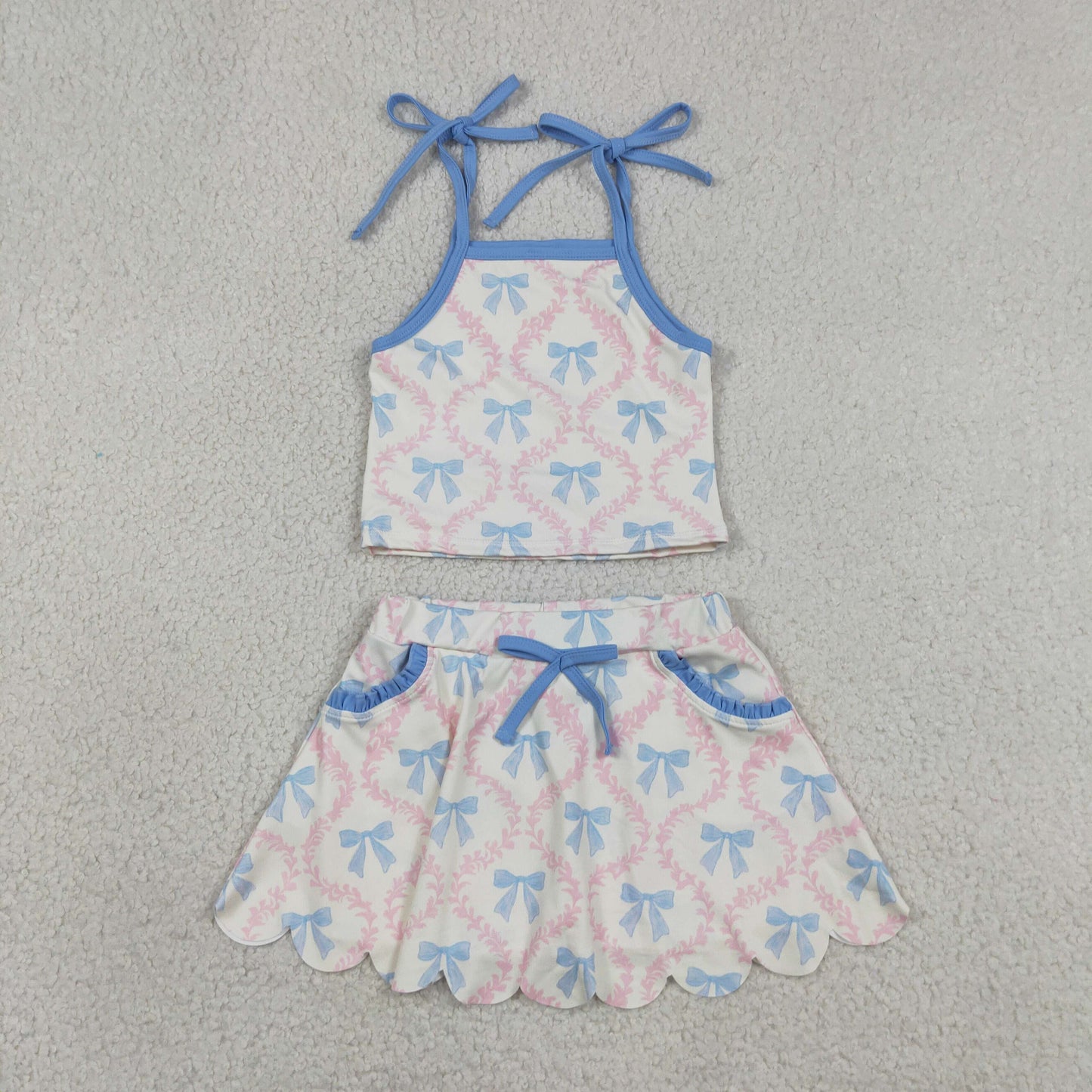 GSD3727 RTS NO MOQ （In stock）Light blue straps bow top skirt kids girls active outfits