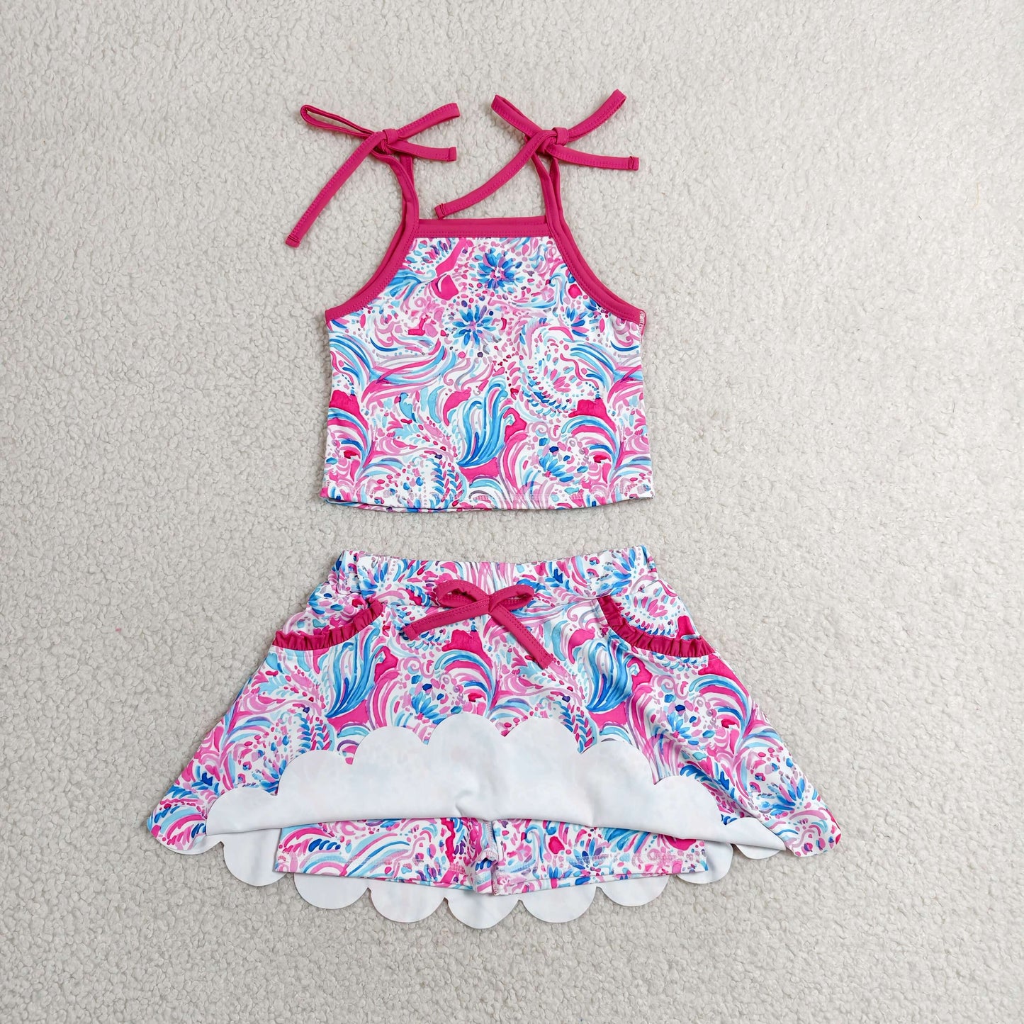 GSD3728 RTS NO MOQ （In stock）Hot pink straps watercolor top skirt kids girls active outfits