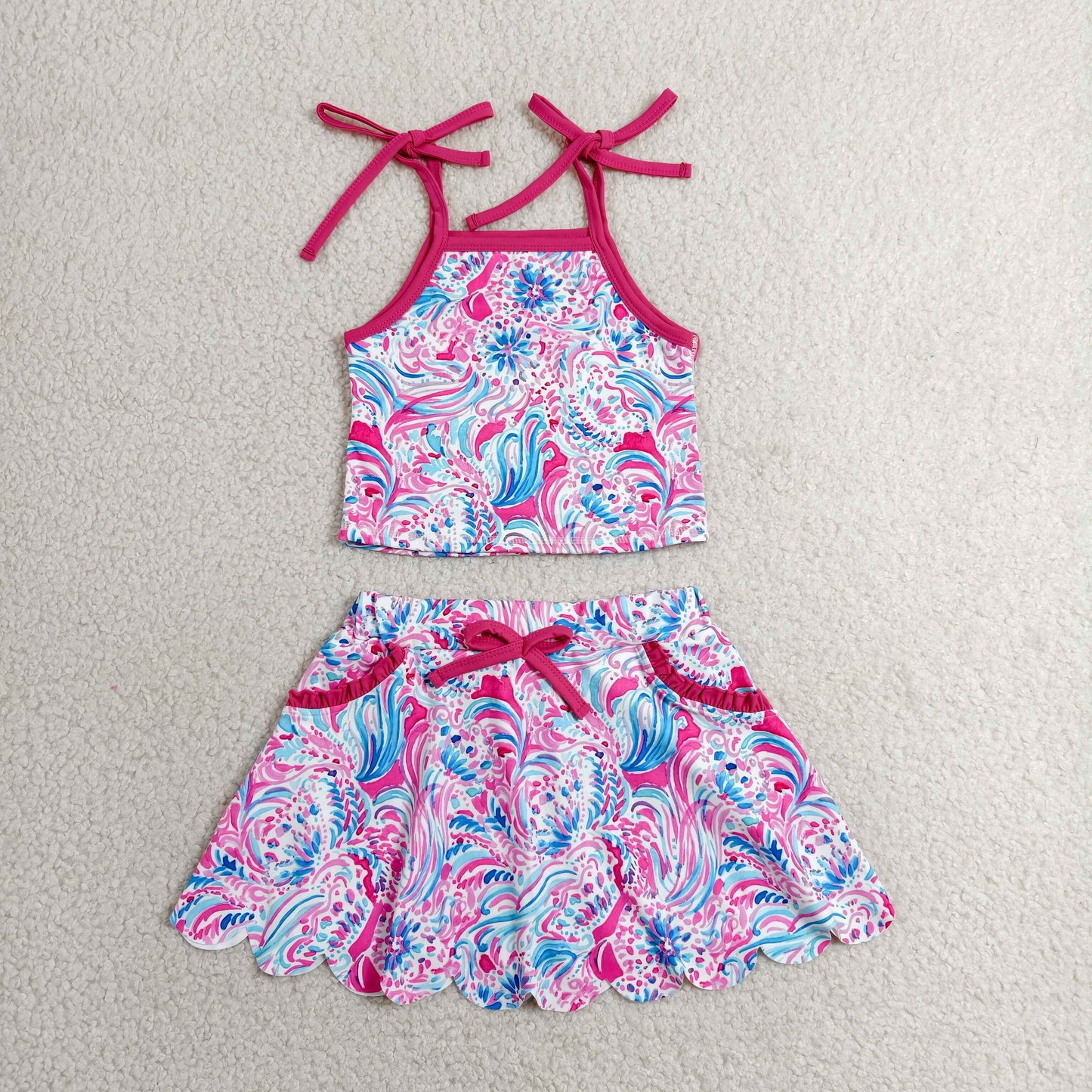 GSD3728 RTS NO MOQ （In stock）Hot pink straps watercolor top skirt kids girls active outfits