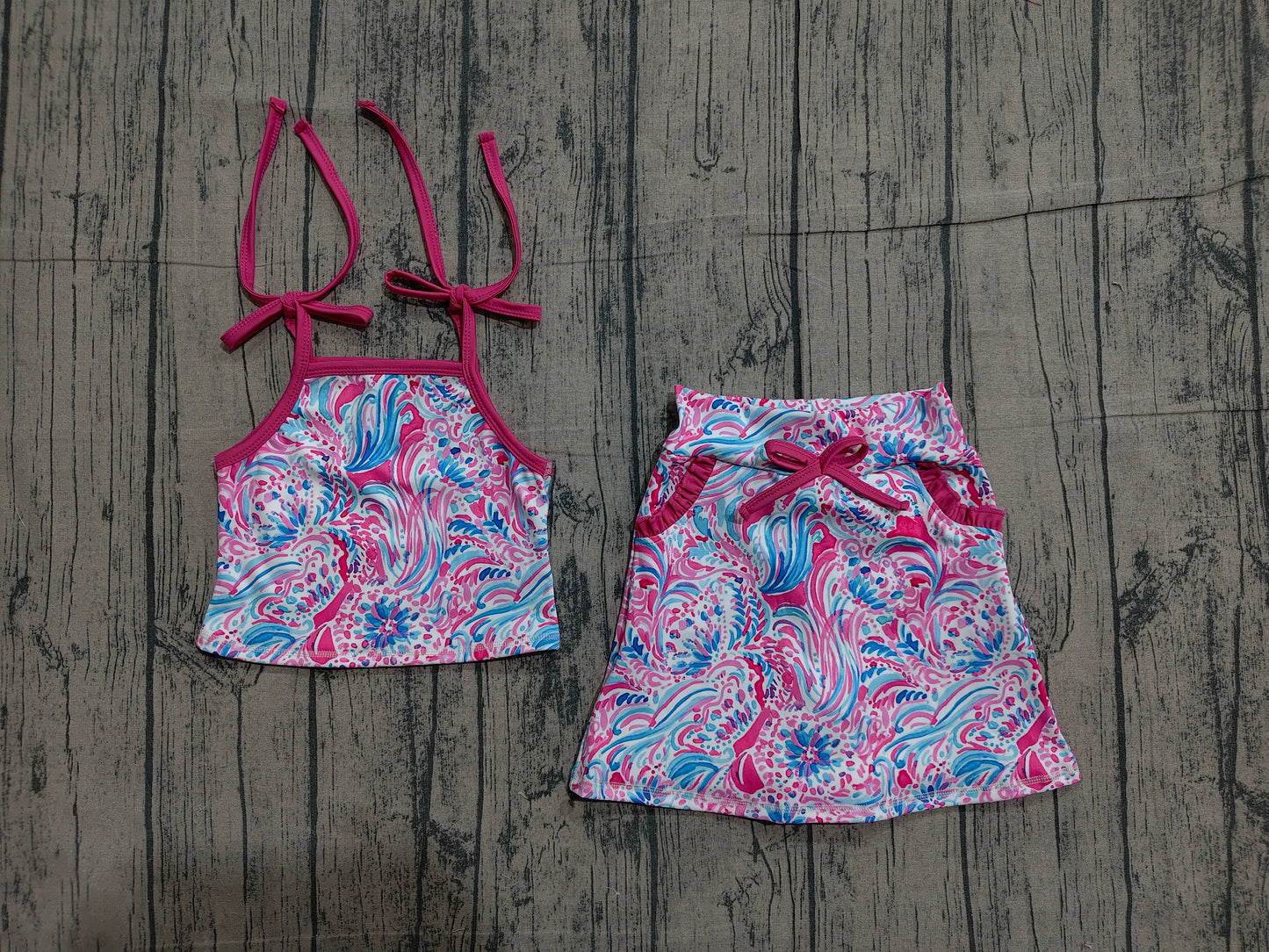4.1 GSD3728 Sample No Moq Baby Girls Strap Sea Plants Top Pockets Scallop Skirt Short Yoga Active Clothes Set Preorder