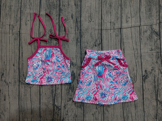 4.1 GSD3728 Sample No Moq Baby Girls Strap Sea Plants Top Pockets Scallop Skirt Short Yoga Active Clothes Set Preorder