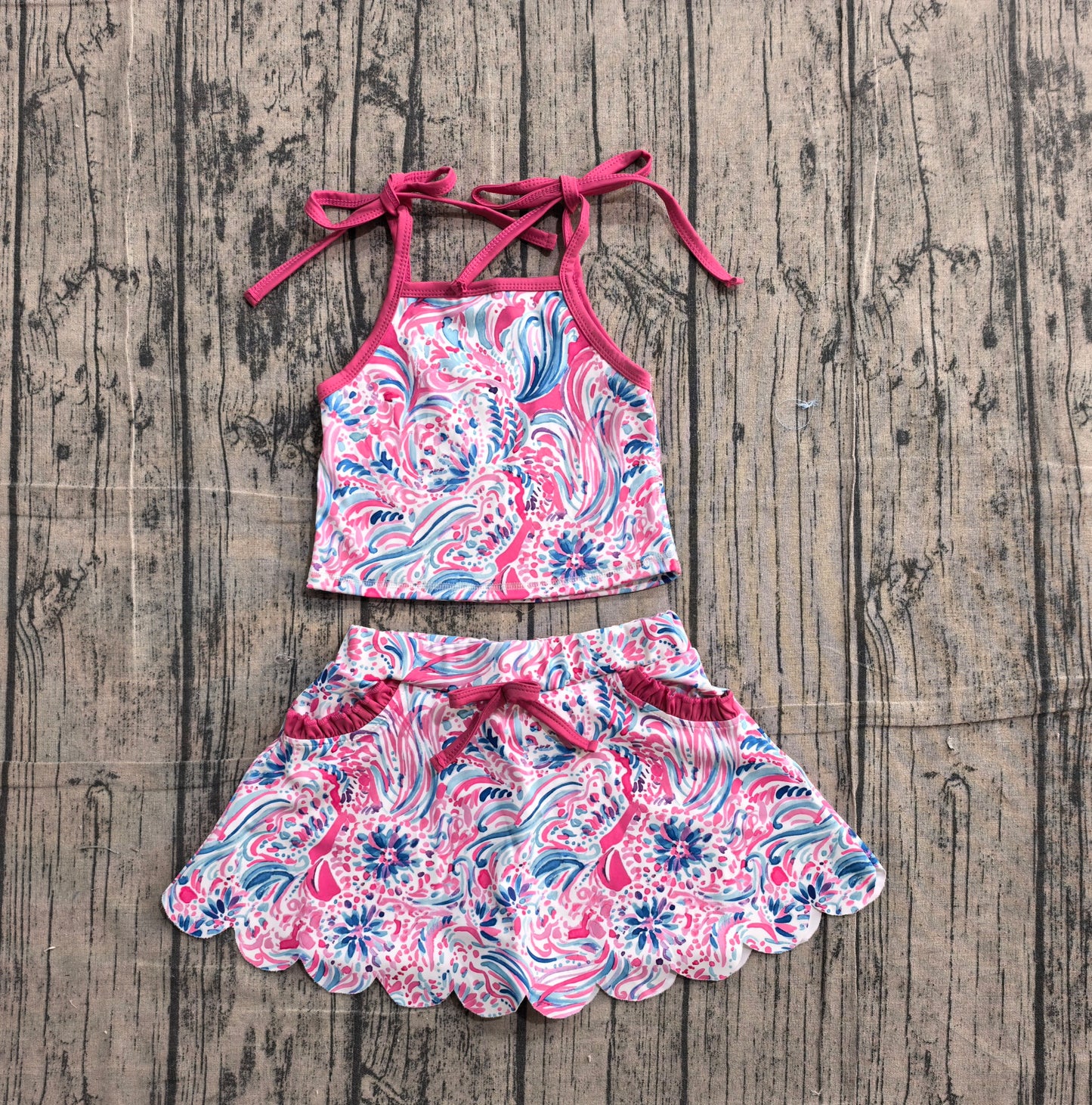 4.8 GSD3728 Sample No Moq Baby Girls Strap Sea Plants Top Pockets Scallop Skirt Short Yoga Active Clothes Set