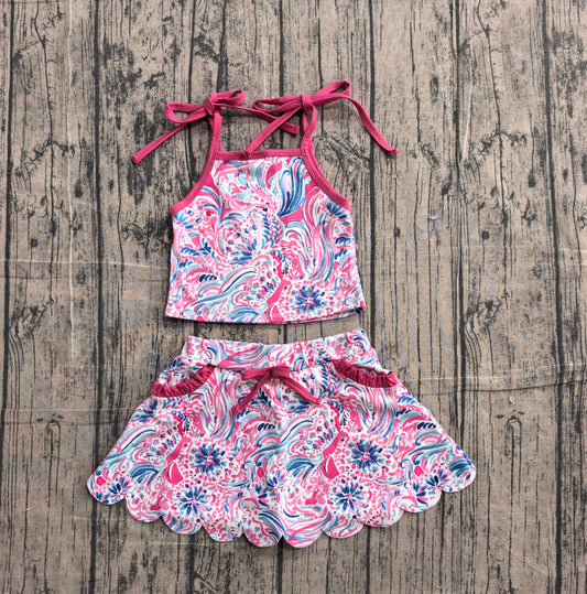 4.8 GSD3728 Sample No Moq Baby Girls Strap Sea Plants Top Pockets Scallop Skirt Short Yoga Active Clothes Set