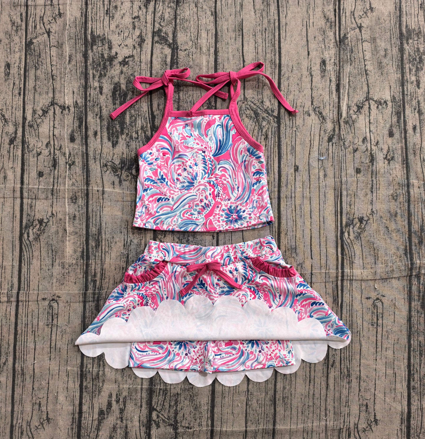 4.8 GSD3728 Sample No Moq Baby Girls Strap Sea Plants Top Pockets Scallop Skirt Short Yoga Active Clothes Set