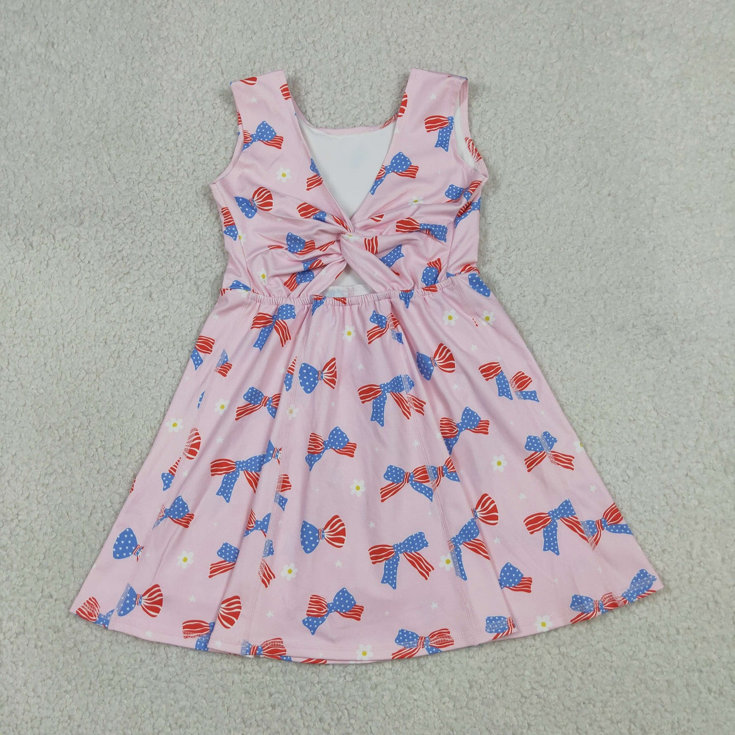GSD3748 RTS NO MOQ （In stock）Stars stripe bows kids girls 4th of july athletic dresses