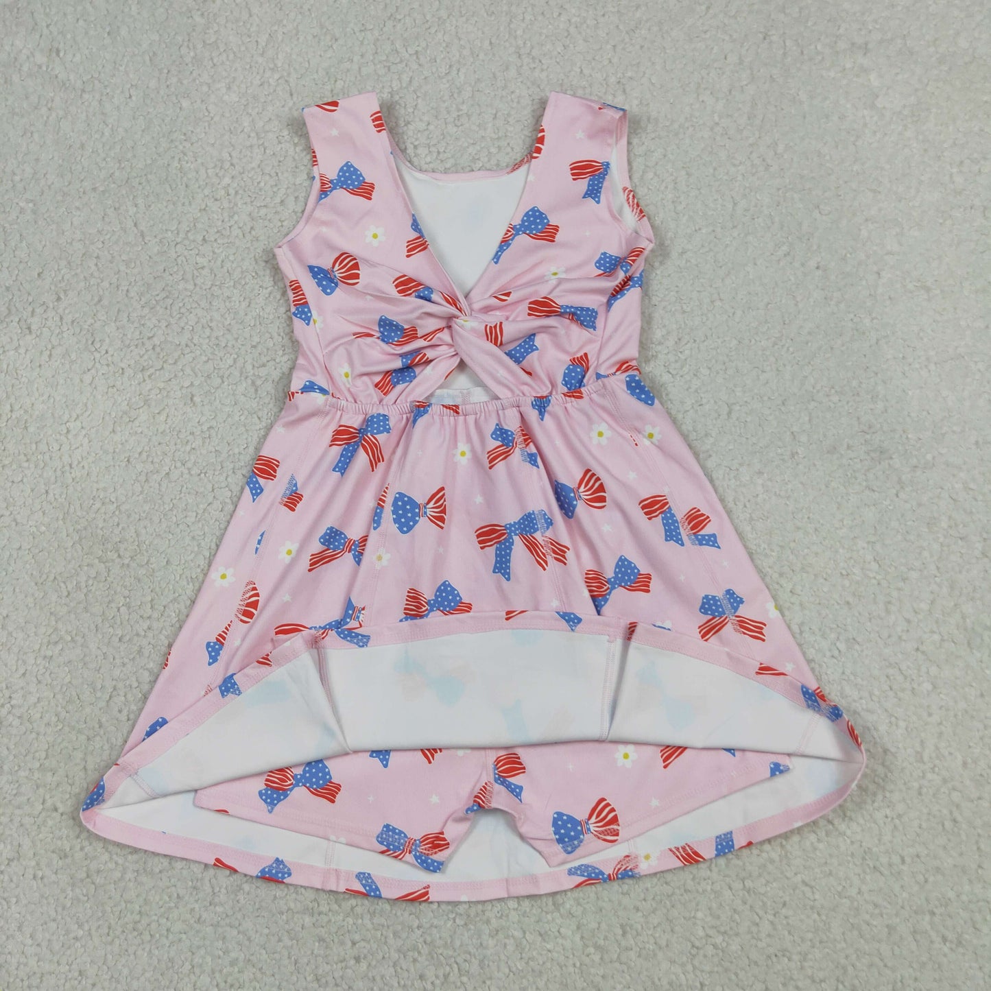 GSD3748 RTS NO MOQ （In stock）Stars stripe bows kids girls 4th of july athletic dresses