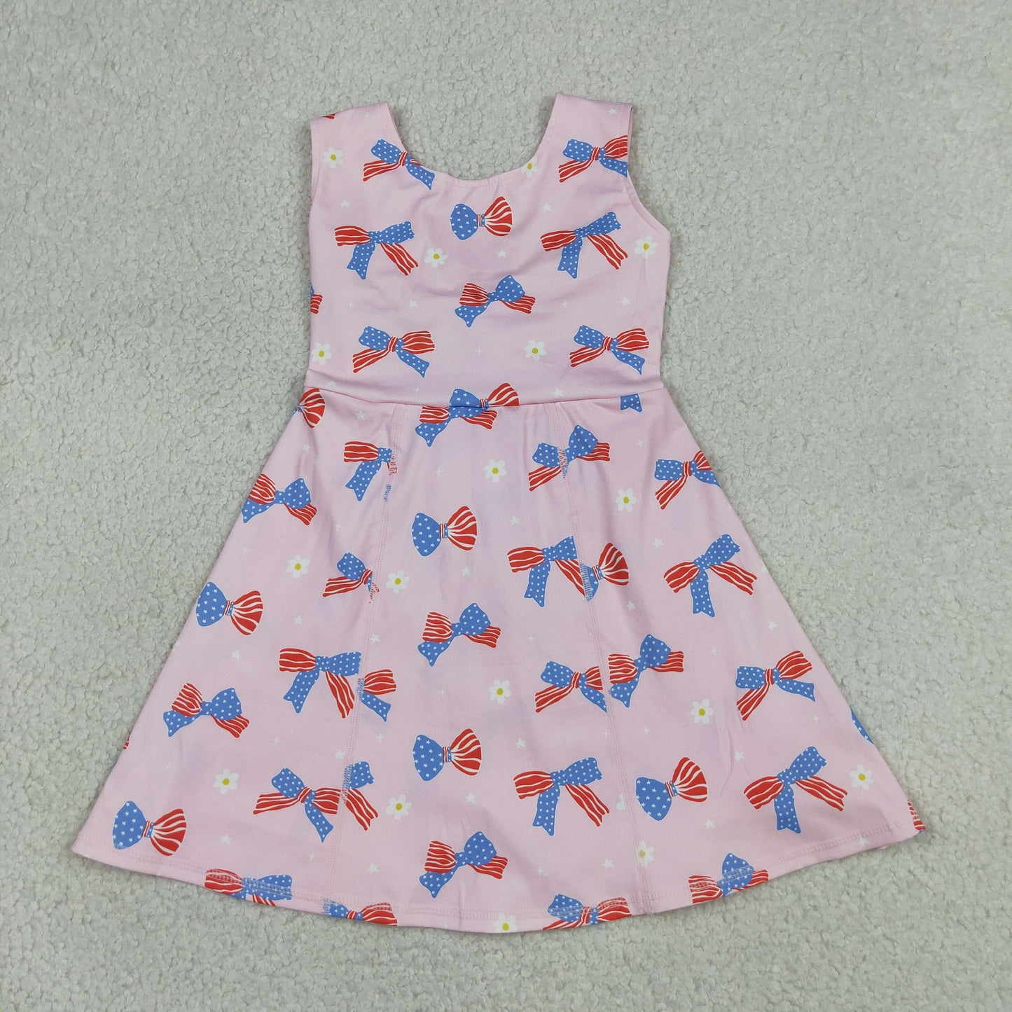 GSD3748 RTS NO MOQ （In stock）Stars stripe bows kids girls 4th of july athletic dresses