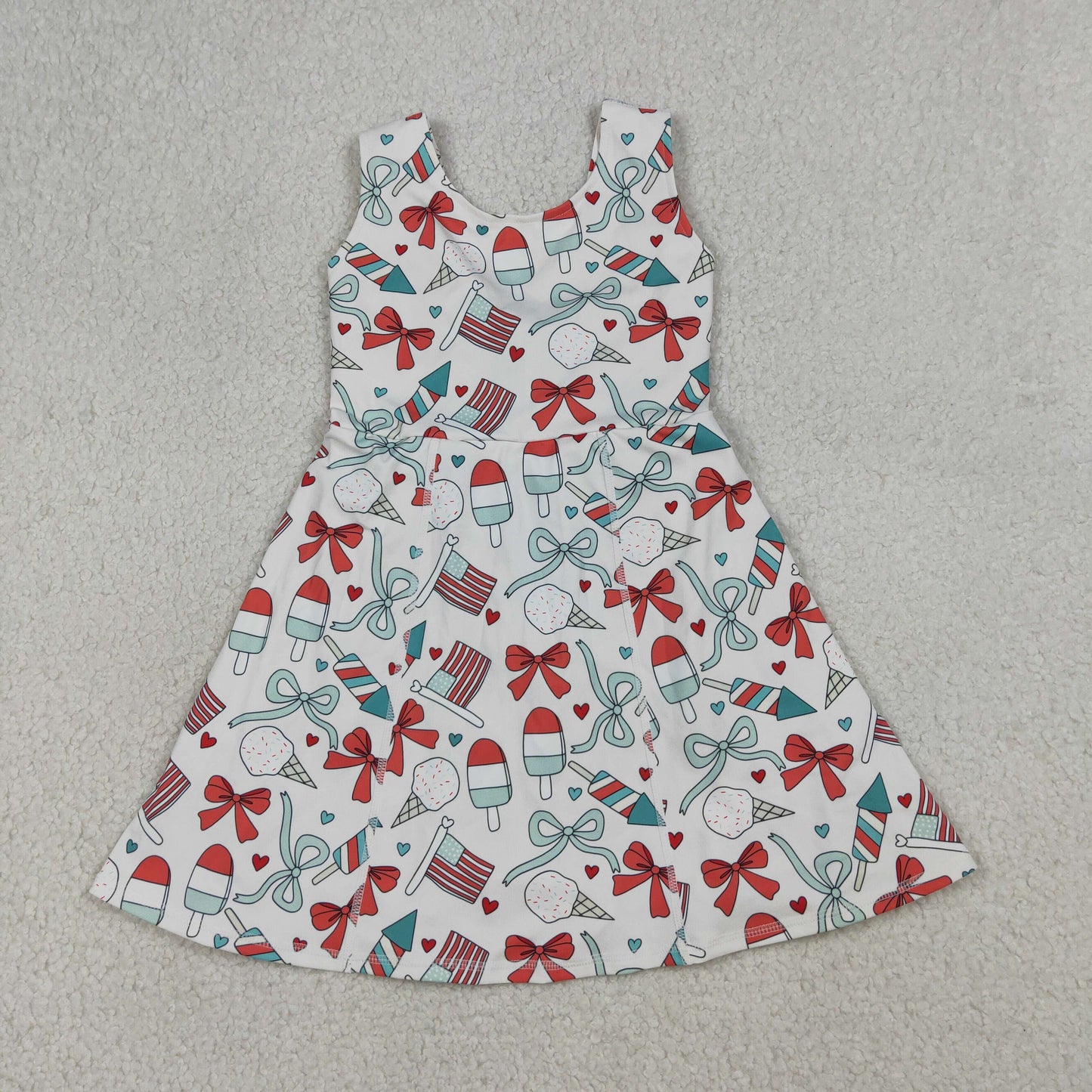 3.31 RTS NO MOQ （In stock） GSD3750 Sleeveless popsicle bow flag girls 4th of july athletic dress