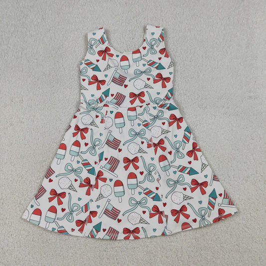 3.31 RTS NO MOQ （In stock） GSD3750 Sleeveless popsicle bow flag girls 4th of july athletic dress