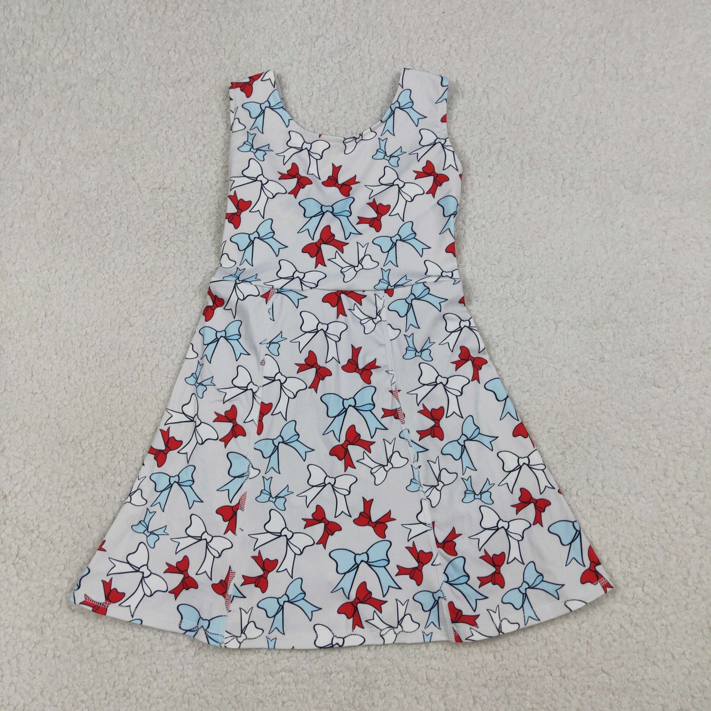 3.20 RTS NO MOQ （In stock）GSD3752 Kids Fashion Clothes Baby Girls Sleeveless Red Blue Bows Yoga Active 4th of July Shorts Knee Length Dress