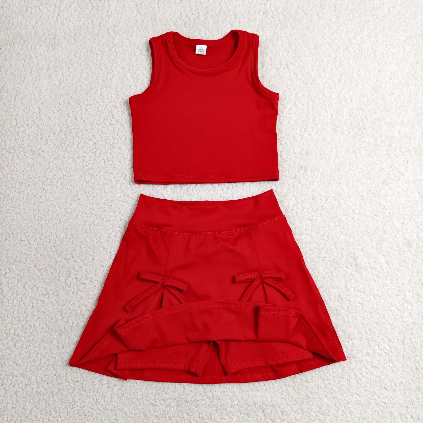 GSD3759 RTS NO MOQ （In stock）Red sleeveless top bow fold skirt girls active wear set