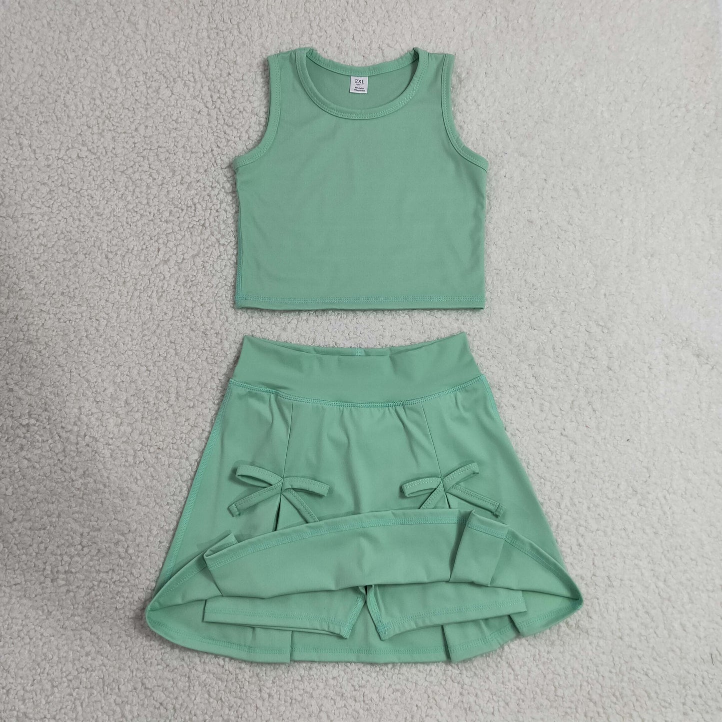 7.4 GSD3760 RTS NO MOQ （In stock）Baby Girls Green Vest Top Bows Skirt Shorts Yoga Active Clothes Set