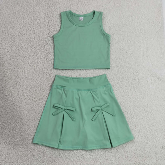 7.4 GSD3760 RTS NO MOQ （In stock）Baby Girls Green Vest Top Bows Skirt Shorts Yoga Active Clothes Set