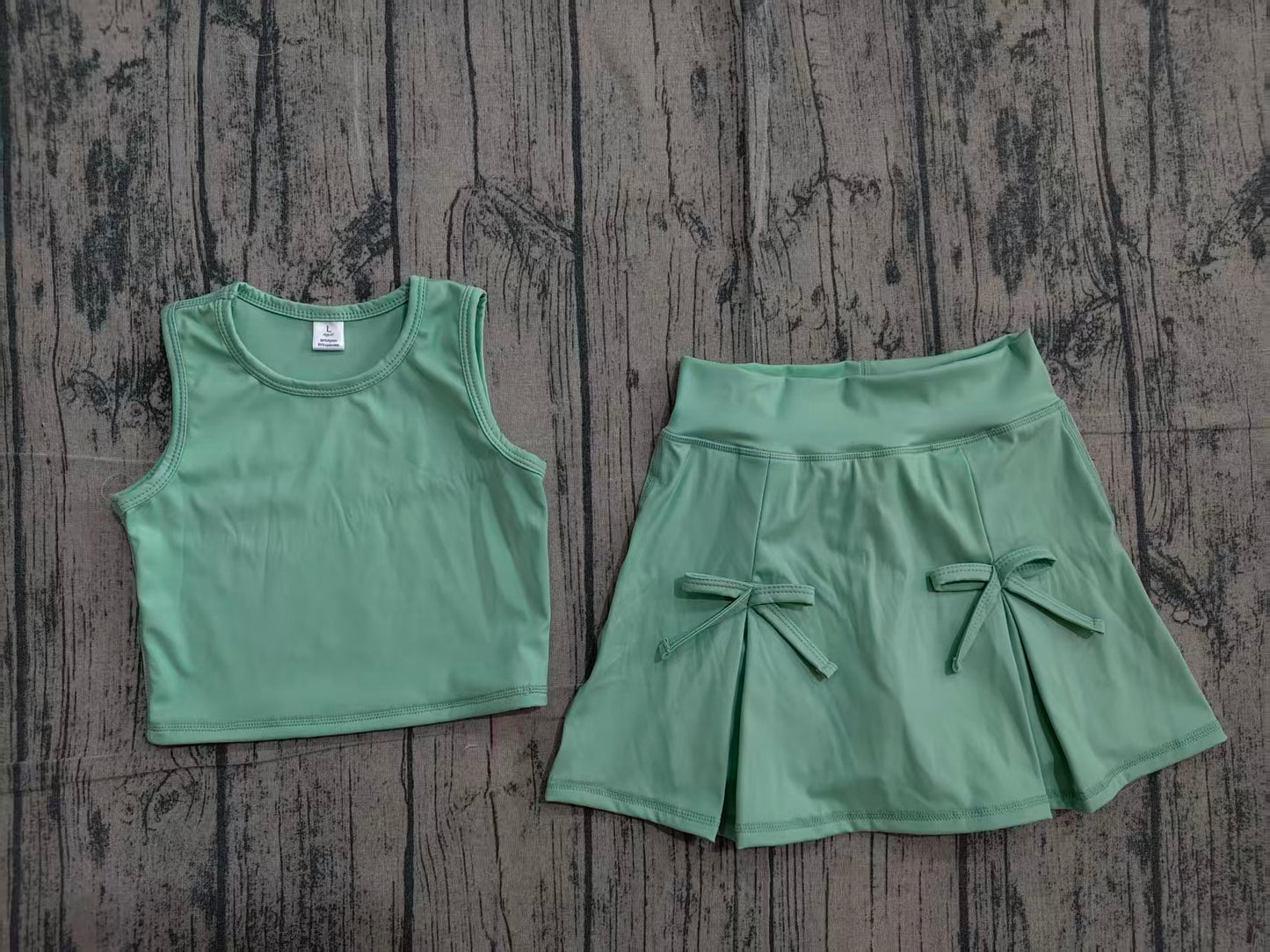 4.7 GSD3760 Sample No Moq Baby Girls Green Vest Top Bows Skirt Shorts Yoga Active Clothes Set