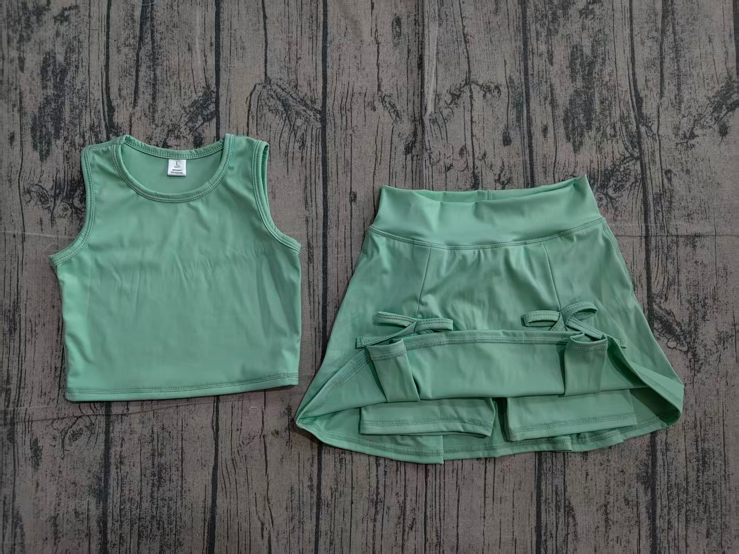 4.7 GSD3760 Sample No Moq Baby Girls Green Vest Top Bows Skirt Shorts Yoga Active Clothes Set