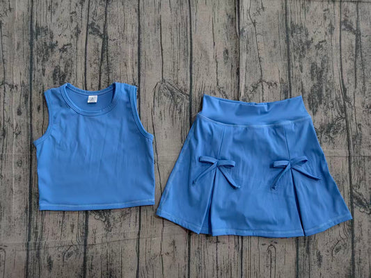 4.7 GSD3761 Sample No Moq Baby Girls blue Vest Top Bows Skirt Shorts Yoga Active Clothes Set