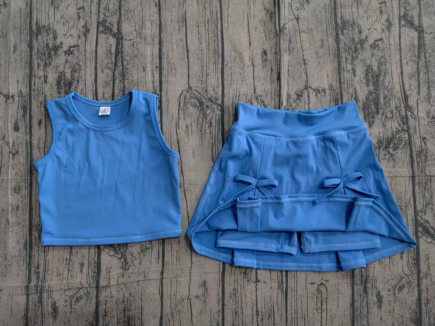 4.7 GSD3761 Sample No Moq Baby Girls blue Vest Top Bows Skirt Shorts Yoga Active Clothes Set