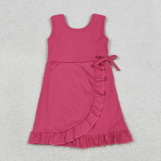 GSD3766  RTS NO MOQ （In stock）Sleeveless hot pink bow ruffle kids girls summer athletic dress