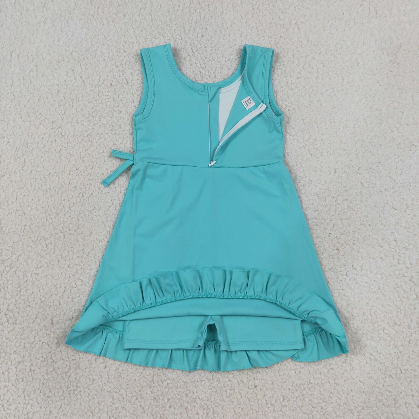 GSD3768 RTS NO MOQ （In stock） yoga fabric Baby Girls Blue Sleeveless Yoga Active Shorts Ruffle Knee Length Dresses