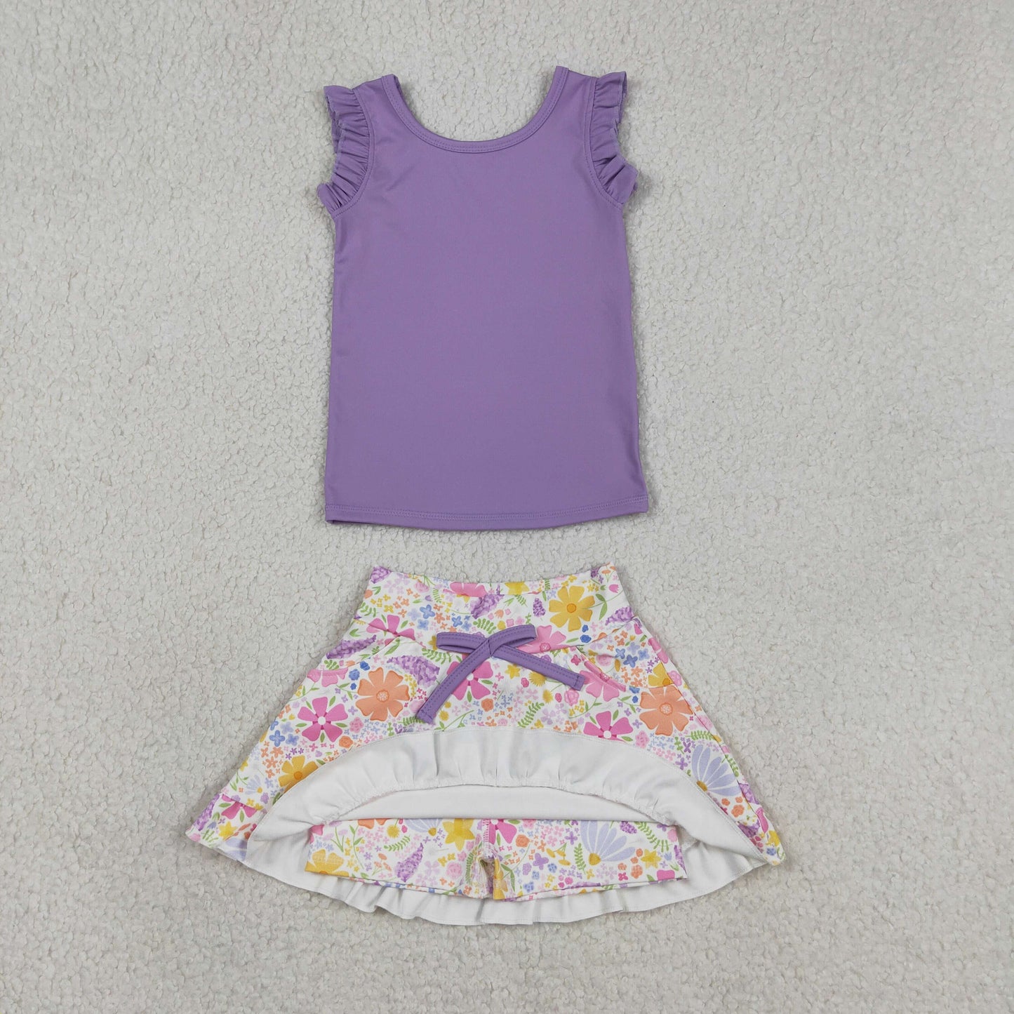 GSD3771 RTS NO MOQ （In stock ）Sleeveless lavender top floral skirt girls active wear set