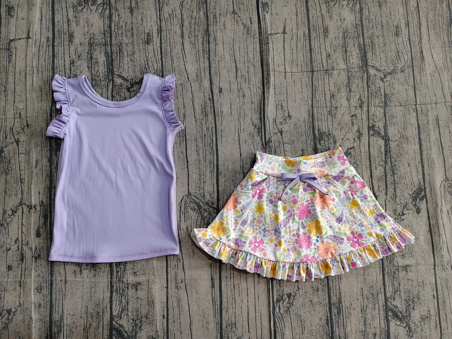 3.17 GSD3771 Sample No Moq Yoga fabric Baby Girls Summer Sleeveless Purple Colorful Floral Pockets Scallop Skirt Short Yoga Active Clothes Set