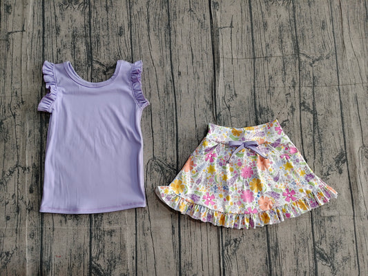 3.17 GSD3771 Sample No Moq Yoga fabric Baby Girls Summer Sleeveless Purple Colorful Floral Pockets Scallop Skirt Short Yoga Active Clothes Set