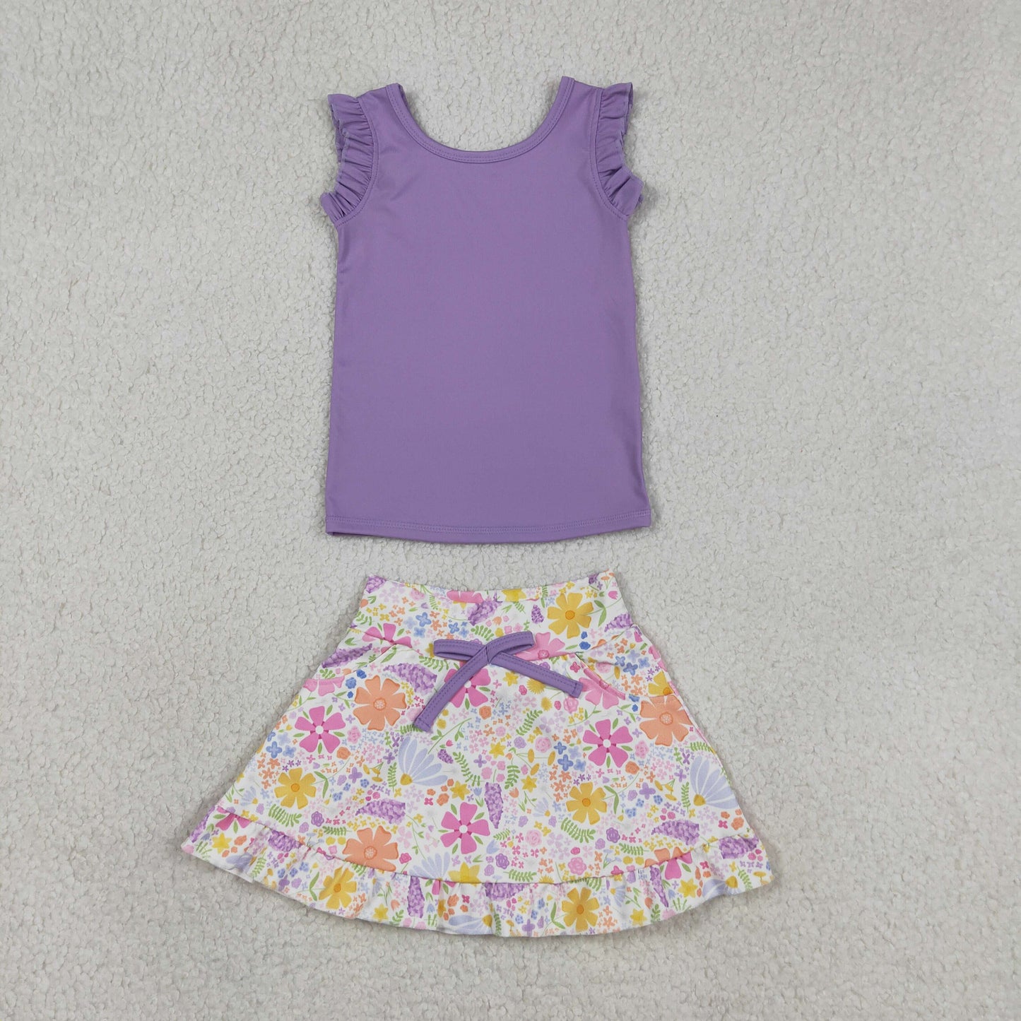 GSD3771 RTS NO MOQ （In stock ）Sleeveless lavender top floral skirt girls active wear set