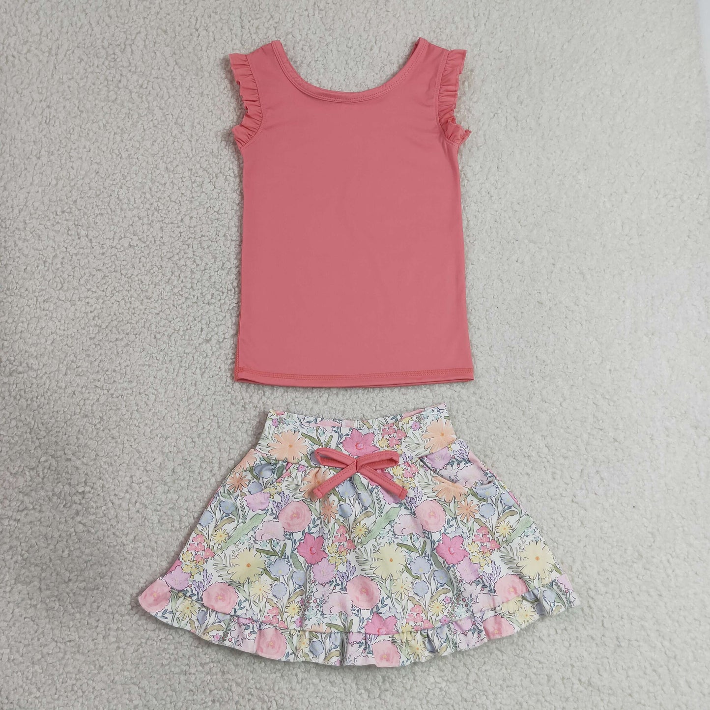7.4 GSD3772 RTS NO MOQ （In stock）Baby Girls Peach Vest Colorful Floral Pockets Skirt Short Yoga Active Clothes