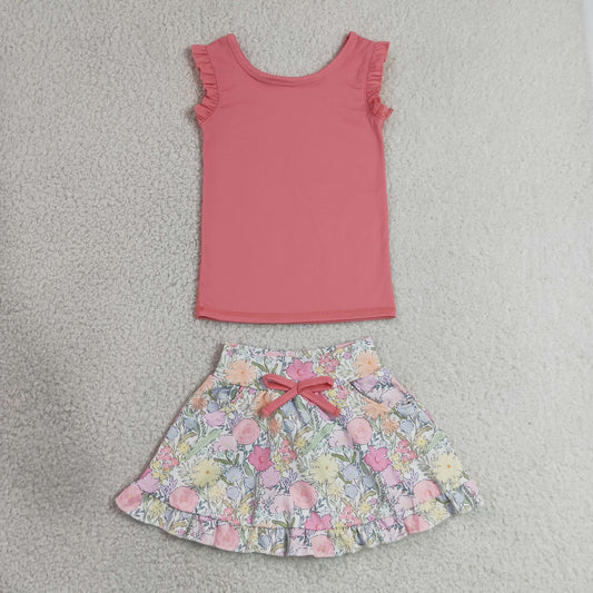 7.4 GSD3772 RTS NO MOQ （In stock）Baby Girls Peach Vest Colorful Floral Pockets Skirt Short Yoga Active Clothes