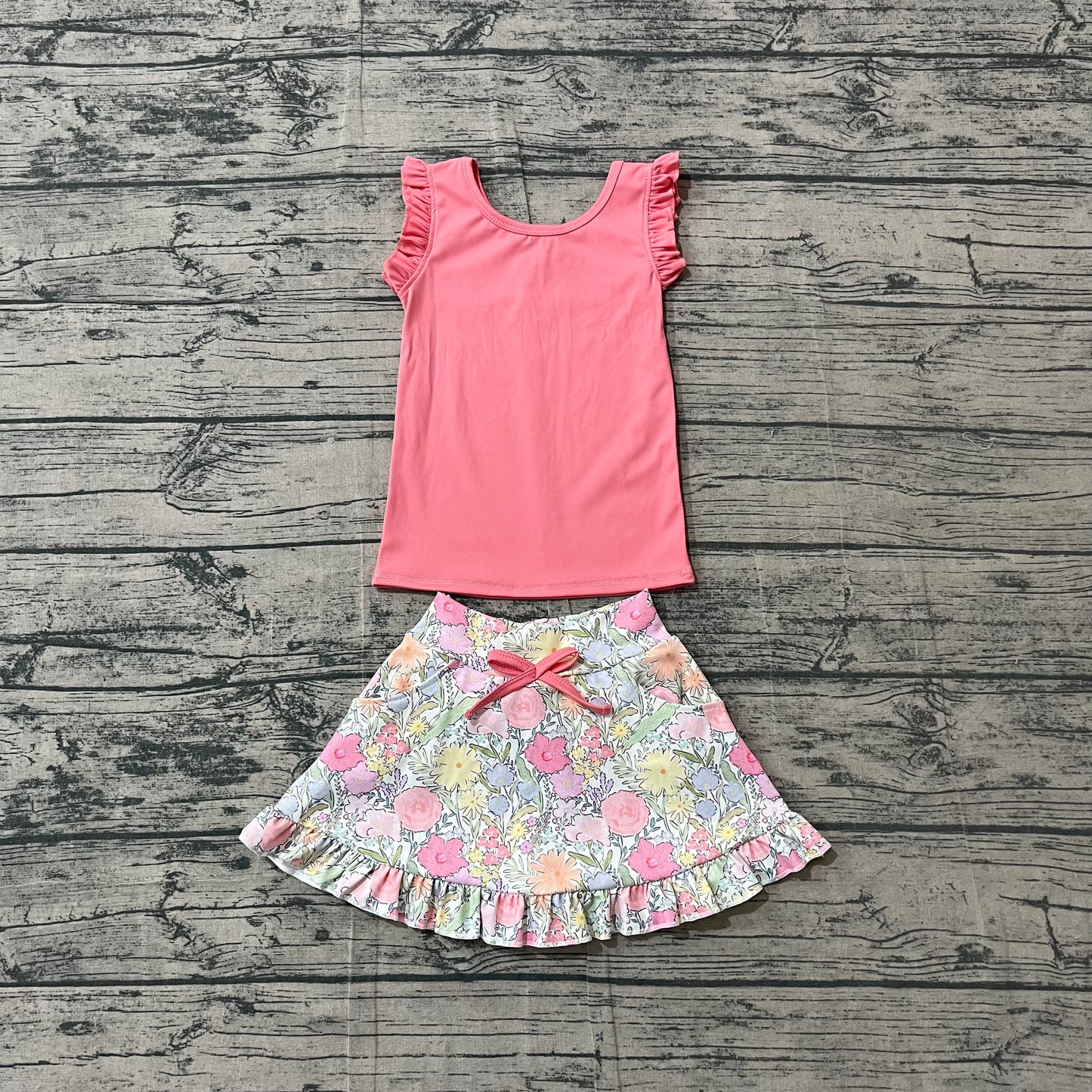 4.14 GSD3772 Sample No Moq Baby Girls Peach Vest Colorful Floral Pockets Skirt Short Yoga Active Clothes
