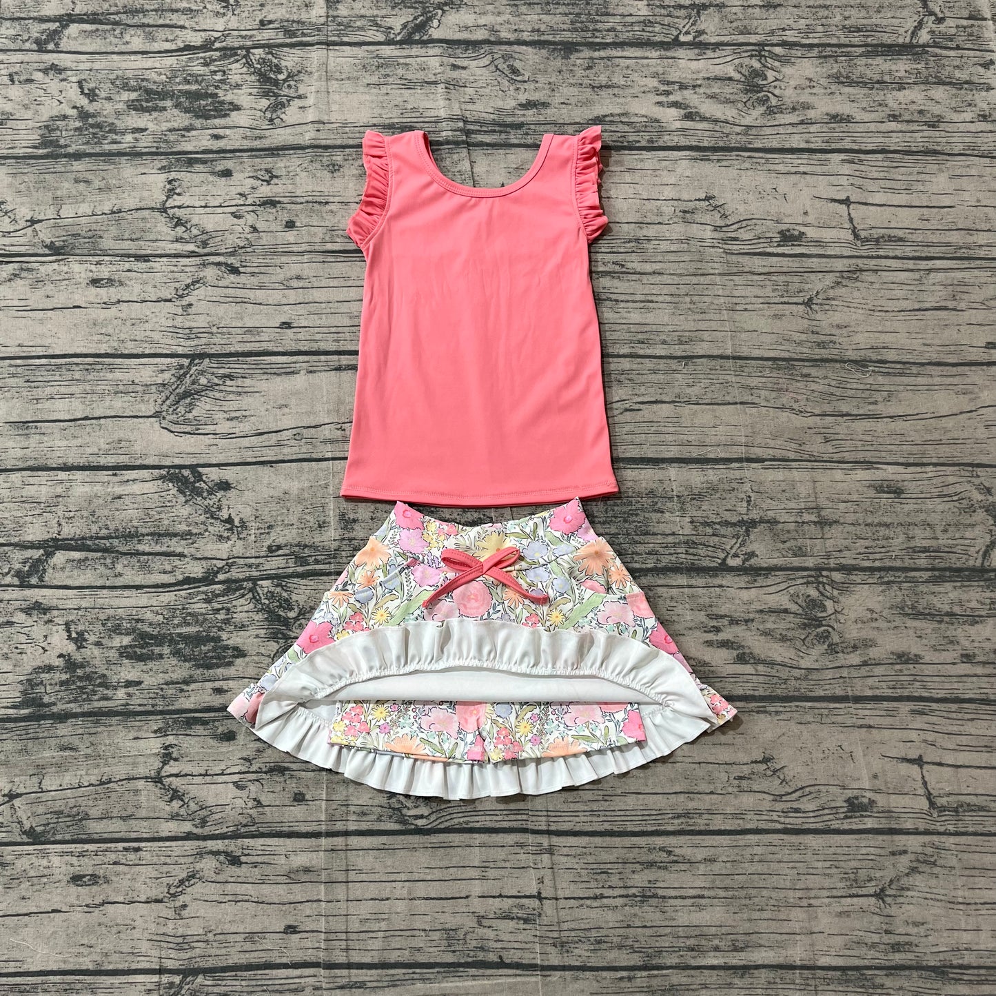 4.14 GSD3772 Sample No Moq Baby Girls Peach Vest Colorful Floral Pockets Skirt Short Yoga Active Clothes