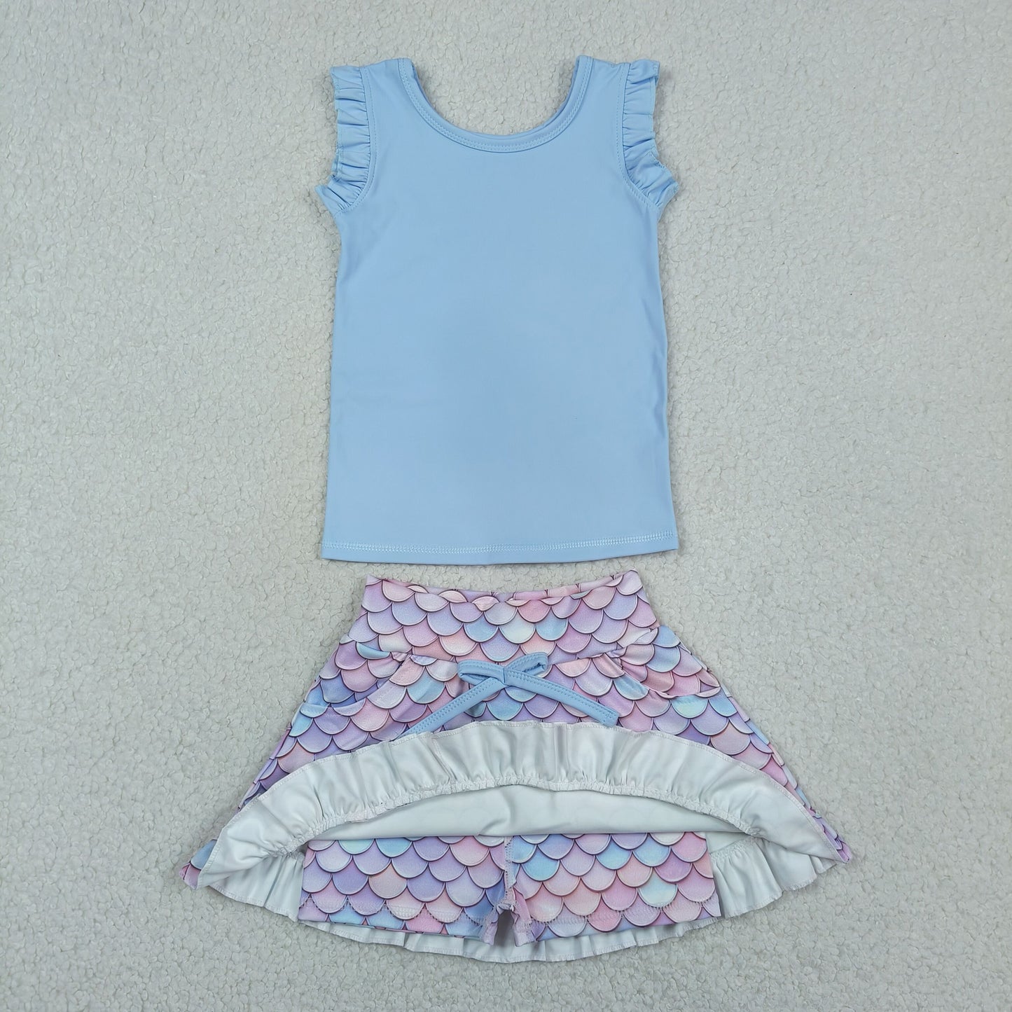 GSD3775 RTS NO MOQ （In stock ）Sleeveless light blue top skirt girls active set