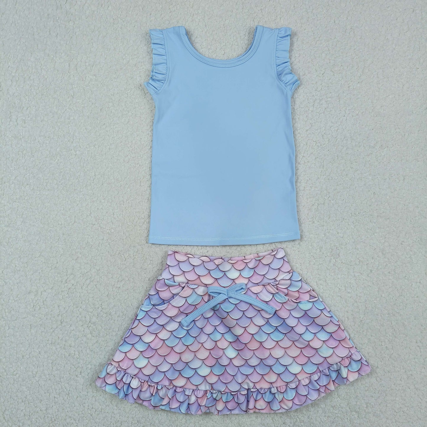 GSD3775 RTS NO MOQ （In stock ）Sleeveless light blue top skirt girls active set