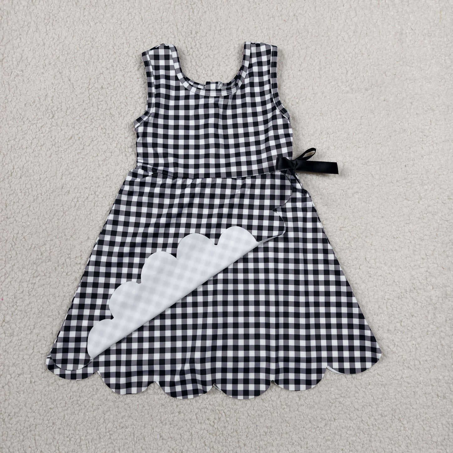 GSD3777 RTS NO MOQ （In stock）Sleeveless black plaid scallop kids girls athletic dresses