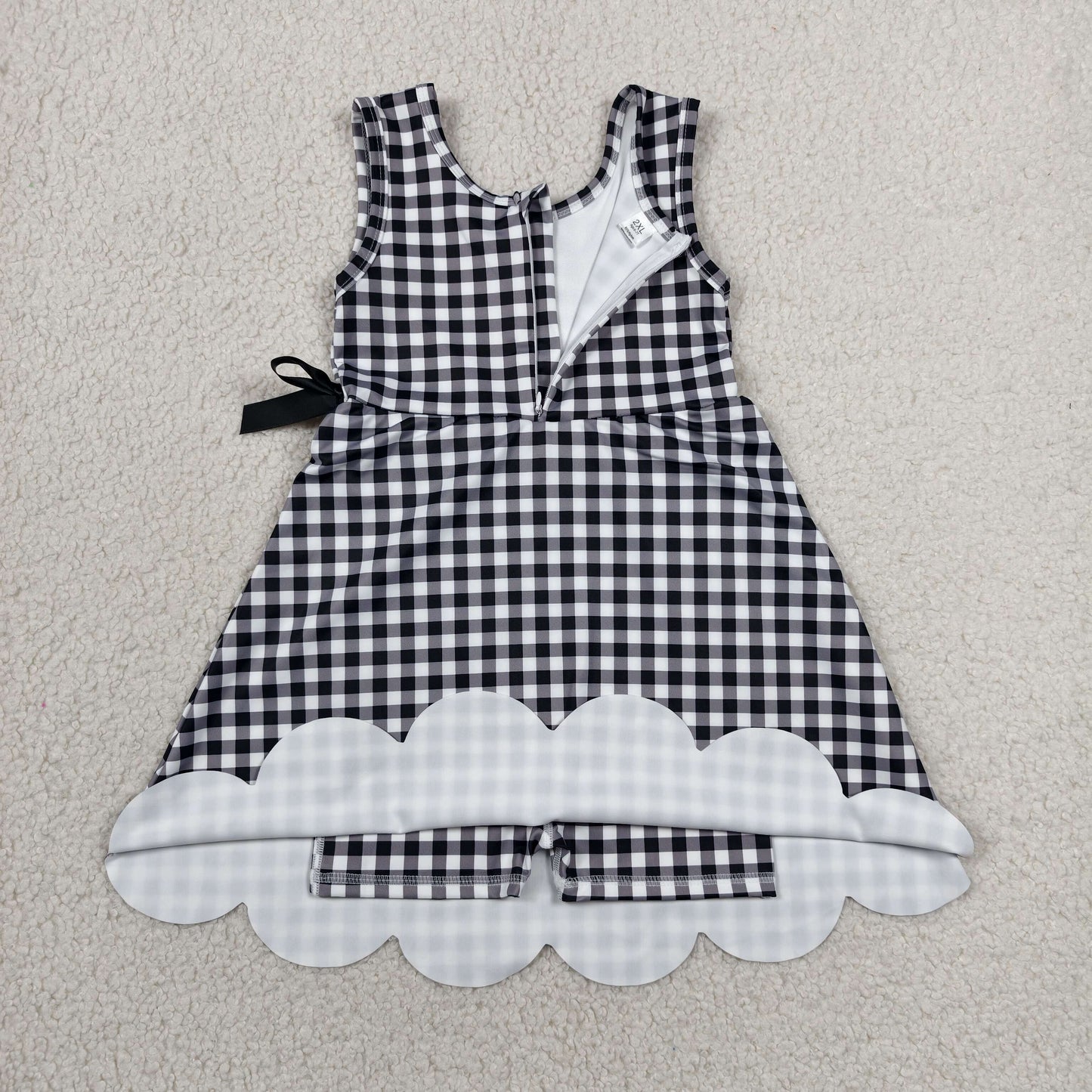 GSD3777 RTS NO MOQ （In stock）Sleeveless black plaid scallop kids girls athletic dresses