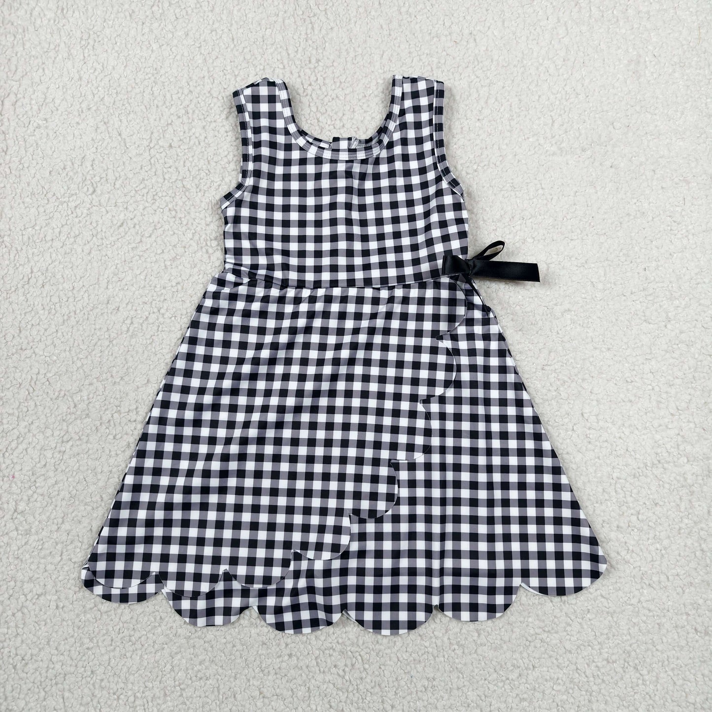 GSD3777 RTS NO MOQ （In stock）Sleeveless black plaid scallop kids girls athletic dresses