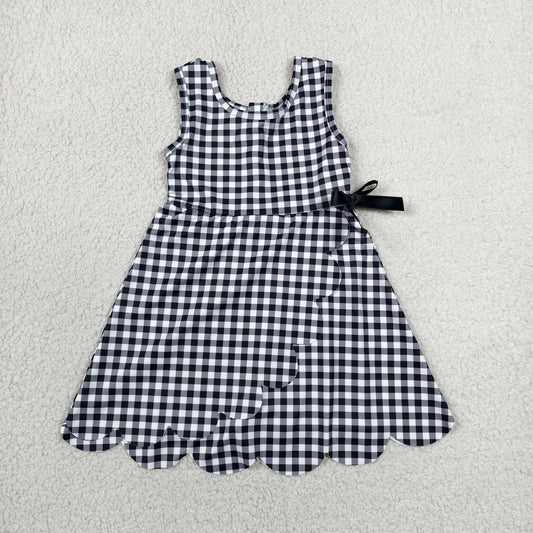 GSD3777 RTS NO MOQ （In stock）Sleeveless black plaid scallop kids girls athletic dresses