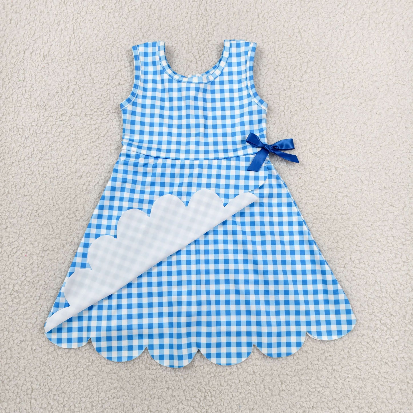 GSD3778 RTS NO MOQ （In stock）Sleeveless light blue plaid scallop kids girls athletic dresses