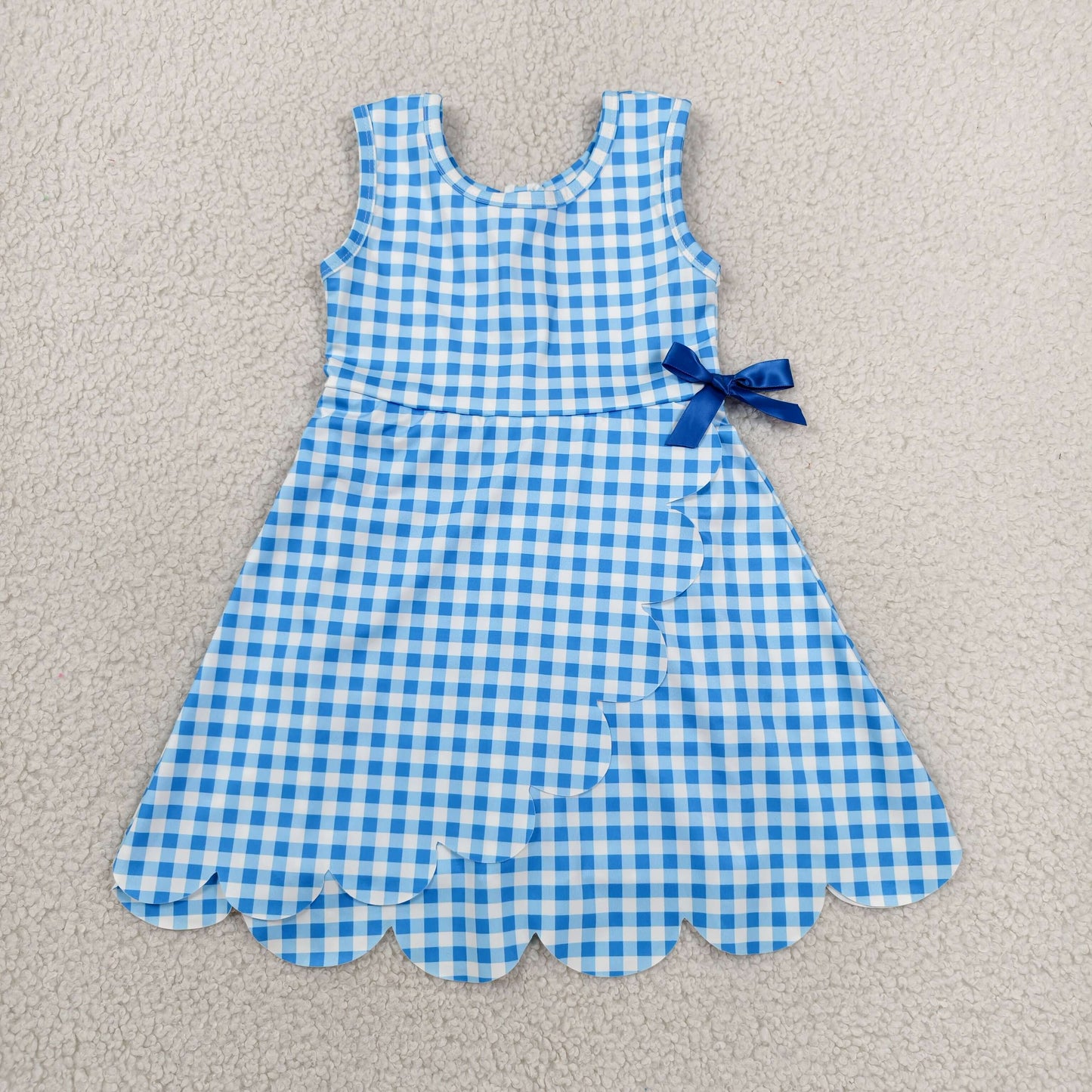 GSD3778 RTS NO MOQ （In stock）Sleeveless light blue plaid scallop kids girls athletic dresses