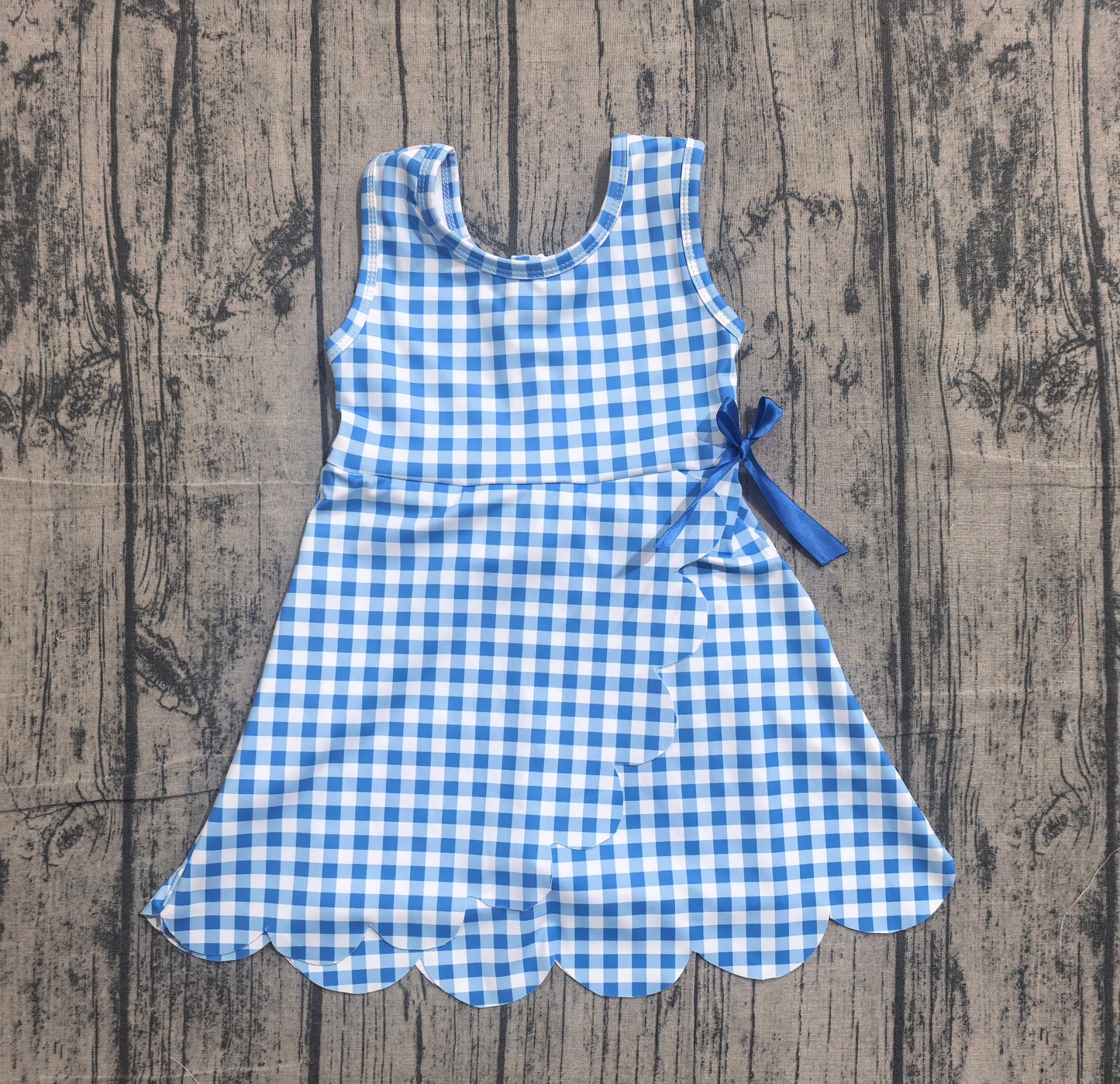 4.18 GSD3778 Sample No Moq Preorder Baby Girls Blue Checked Sleeveless Yoga Active Scallop Shorts Knee Length Dresses