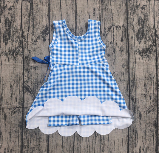 4.18 GSD3778 Sample No Moq Preorder Baby Girls Blue Checked Sleeveless Yoga Active Scallop Shorts Knee Length Dresses