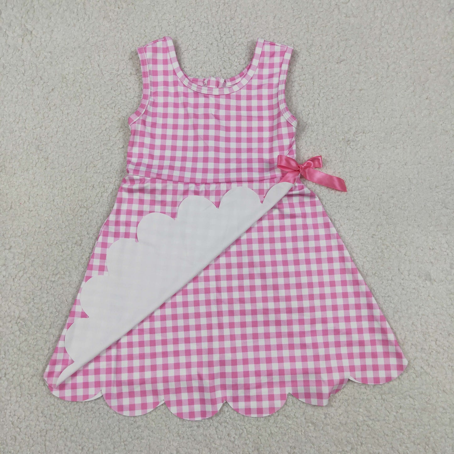 GSD3779 RTS NO MOQ （In stock ）Sleeveless pink plaid scallop kids girls athletic dress