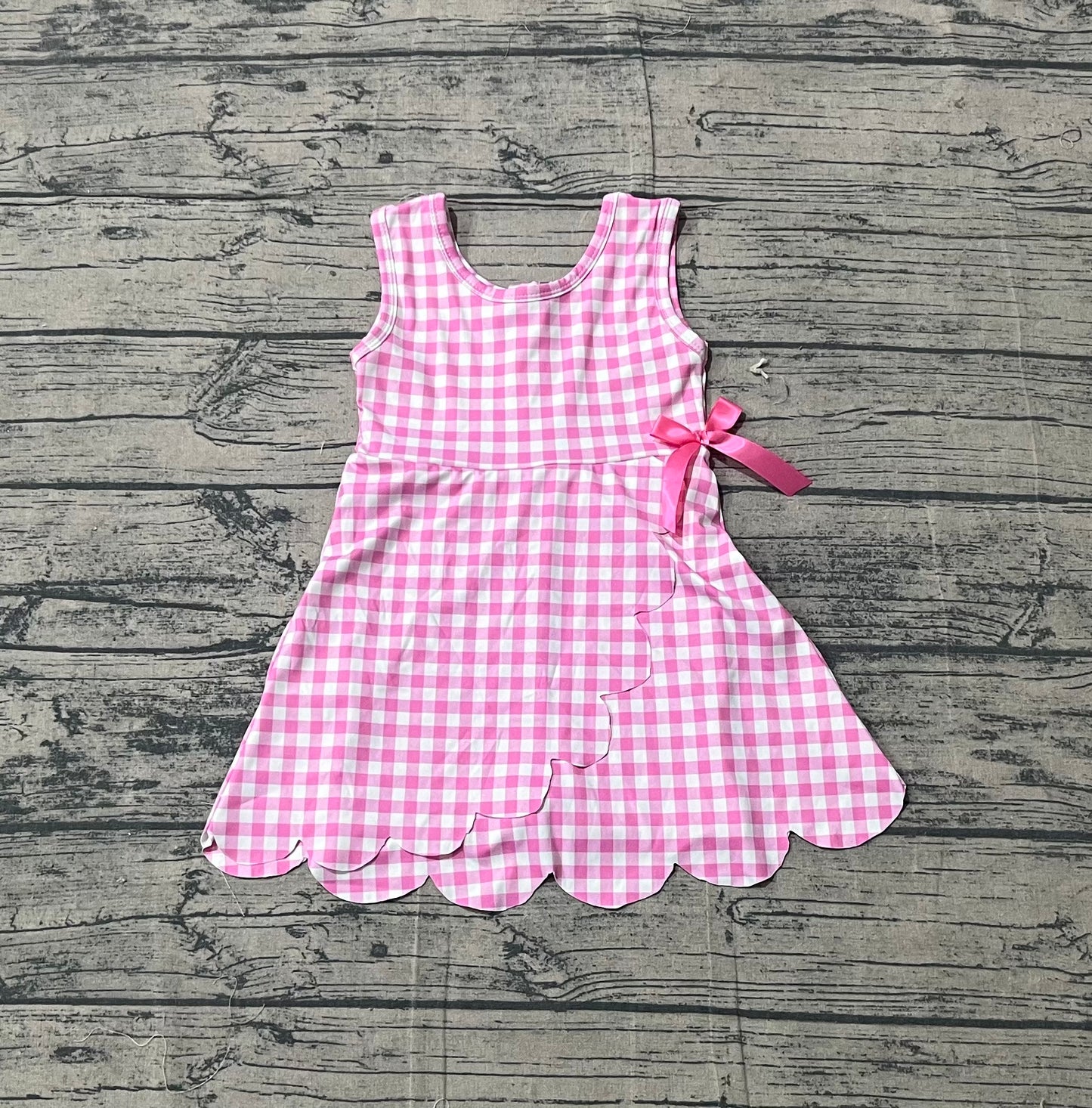 3.7 GSD3779 Sample No Moq Yoga fabric Baby Girls Pink Checked Sleeveless Yoga Active Scallop Shorts Knee Length Dresses