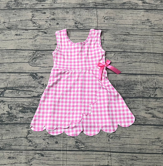 3.7 GSD3779 Sample No Moq Yoga fabric Baby Girls Pink Checked Sleeveless Yoga Active Scallop Shorts Knee Length Dresses