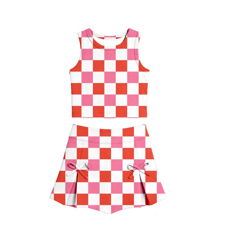 2.3 GSD3784 Pre order No Moq Yoga fabric Baby Girls Peach Checked Vests Top Bows Skirt Short Yoga Active Clothes Set