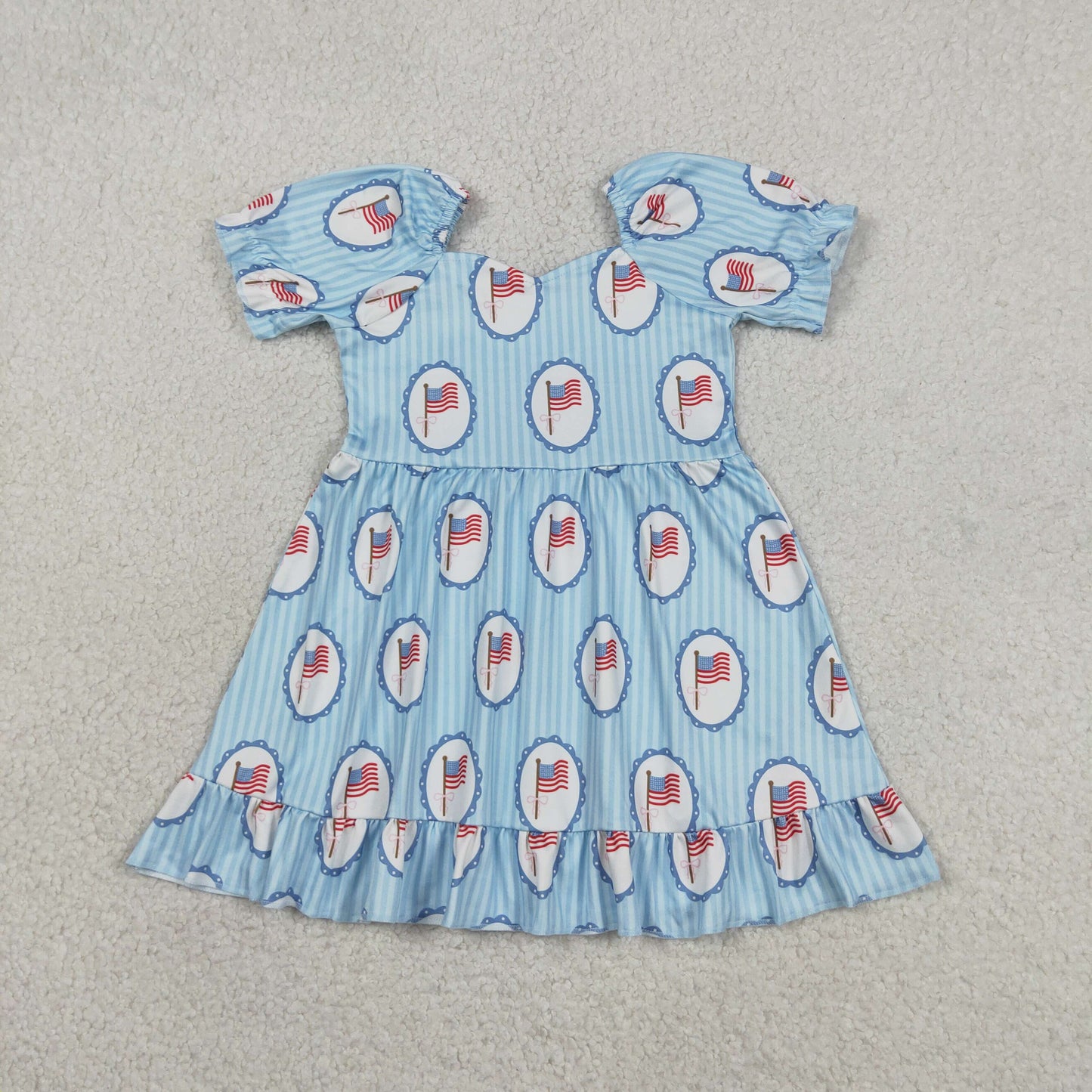 GSD3792 RTS NO MOQ （In stock ）Short sleeves stripe flag ruffle girls 4th of july dresses